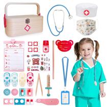 Kit médico de madeira de 20 peças para crianças com estetoscópio e caixa