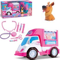 Kit medico infantil veterinario pet care delivery com caminhao + cachorro e acessorios na caixa