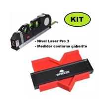 Kit Medidor Contorno Gabarito 150mm 6 Worker + Nivel Laser