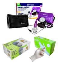 Kit medidor de pressão esteto máscara e luvas caixa Roxo