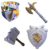 Kit medieval com martelo + escudo e machado cavaleiro dragao na cartela - PICA PAU