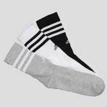 Kit Meia Adidas 3S 3 Pares Cano Alto Cinza Branca e Preta