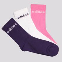 Kit Meia Adidas ESS Linear Crew 3 Pares Infantil Roxa Branca e Rosa