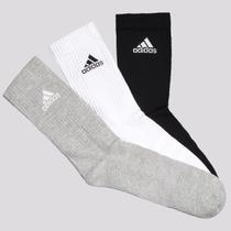 Kit Meia Adidas Logo Cano Alto 3 Pares Branca Preta e Cinza