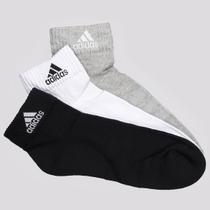 Kit Meia Adidas Logo Cano Médio 3 Pares Branca Preta e Cinza