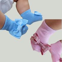 Kit meia bebê menina laço pompom confortável e delicada