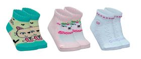 Kit Meia Infantil Bebê com 3 pares de Meia Menina 0 a 6 Meses Branco com Rosa