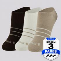 Kit Meia Lupo Sport Sapatilha 3 Pares Feminina Branca Cinza e Marrom