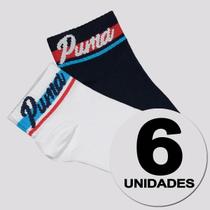 Kit Meia Puma Cano Baixo 6 Pares Infantil Branco e Marinho