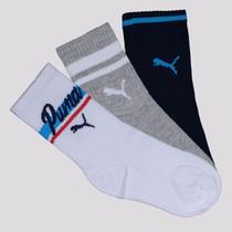 Kit Meia Puma Cano Longo 3 Pares Infantil Branca Marinho e Cinza Kit Meia Puma Cano Longo 3 Pares Infantil Branca Marinho e Cinza