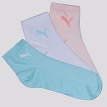 Kit Meia Puma Cano Médio 3 Pares Feminina Rosa Azul e Branca Kit Meia Puma Cano Médio 3 Pares Feminina Rosa Azul e Branca