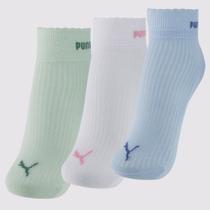 Kit Meia Puma Cano Médio 3 Pares Feminina Verde Azul e Branco Kit Meia Puma Cano Médio 3 Pares Feminina Verde Azul e Branco