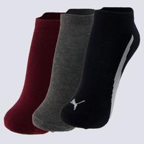 Kit Meia Puma Sapatilha 3 Pares Preta Cinza e Bordô Kit Meia Puma Sapatilha 3 Pares Preta Cinza e Bordô