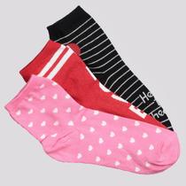 Kit Meia Selene 3 Pares Soquete Feminino Vermelha Rosa e Preta