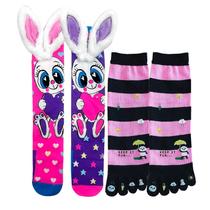 Kit Meias Divertidas Cute: 1 Par 3D Personagem Sortido + 1 Par Meia Dedinho - Modelo Infantil Juvenil 25-36