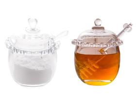 Kit Meleira E Acucareiro Vidro Cristal Pote Mel Açucar 2 Pçs