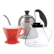 Kit Melitta Jarra de Vidro 1L + Suporte Porcelana 102 Vermelho + Chaleira Inox 700ml