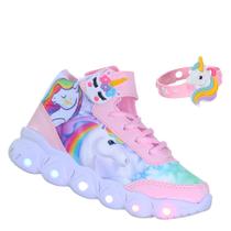 Kit Menina Tenis Unicórnio Infantil Com Luzes de Led Pisca Brilha Vem a Pulseira Kids