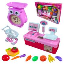 Kit mercadinho infantil 19 itens educativo com frutas cortáveis, balança e carrinho de compras