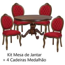 Kit Mesa 1,30 + 4 Cadeiras Medalhão Entalhadas Imbuia Envelhecido e Veludo Vermelho