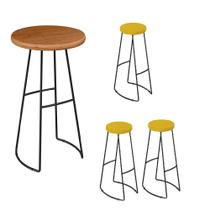 Kit Mesa Bistrô Alta Lena com 03 Banqueta Bar Cozinha Jardim Madeira Maçiça Capa Suede Amarelo - Ahazzo Móveis