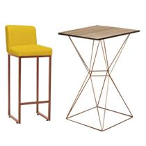 Kit Mesa Bistrô e 1 Banqueta Lucca Alta Com Encosto Bar Gourmet Tampo Imbuia Ferro Bronze Suede Amarelo - Ahazzo Móveis