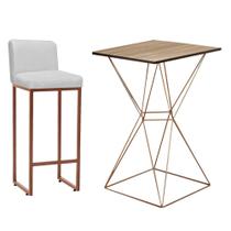 Kit Mesa Bistrô e 1 Banqueta Lucca Alta Com Encosto Bar Gourmet Tampo Imbuia Ferro Bronze Suede Branco - Ahazzo Móveis