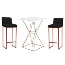 Kit Mesa Bistrô e 2 Banqueta Lucca Alta Com Encosto Bar Gourmet Tampo Branco Ferro Bronze material sintético Preto - Ahazzo Móveis