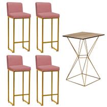 Kit Mesa Bistrô e 4 Banqueta Lucca Alta Com Encosto Bar Gourmet Tampo Imbuia Ferro Dourado Suede Rose Gold - Ahazzo Móveis