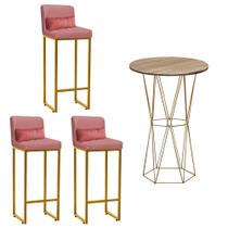 Kit Mesa Bistrô Flork e 3 Banqueta Lucca Alta Com Encosto Tampo Castanho Ferro Dourado Suede Rose Gold e Almofada Rose Gold - Ahazzo Móveis