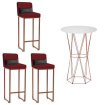 Kit Mesa Bistrô Flork e 3 Banqueta Lucca Tampo Branco Ferro Bronze material sintético Vermelho e Almofada Cinza - Ahazzo Móveis