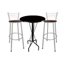 Kit Mesa Bistrô Preto Tampo Preto 2 Banquetas Cinza Assento Marrom