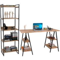 Kit Mesa Cavalete 135 cm com Estante 5 Prateleiras Estilo Industrial Form C01 Carvalho - Lyam Decor Kit Mesa Cavalete 135 cm com Estante 5 Prateleiras Estilo Industrial Form C01 Carvalho - Lyam Decor