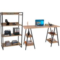 Kit Mesa Cavalete 150 cm com Estante 4 Prateleiras Estilo Industrial Form C01 Carvalho - Lyam Decor Kit Mesa Cavalete 150 cm com Estante 4 Prateleiras Estilo Industrial Form C01 Carvalho - Lyam Decor