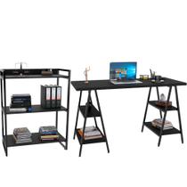Kit Mesa Cavalete 150cm com Estante 3 Prateleiras Estilo Industrial Form C01 Preto Onix - Lyam Decor