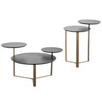 Kit Mesa de Centro e Mesa Lateral Para Sala Pés Metálicos Dari A03 Nero Dourado - Lyam Decor