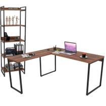 Kit Mesa De Escritório Industrial em L com Estante 5 Prateleiras Form 150x150 Nogal - Lyam Decor