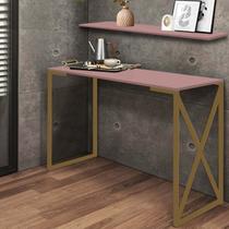 Kit Mesa de Estudos com Prateleira Bex Office Industrial Ferro Dourado MDF Rosa - Ahz Móveis