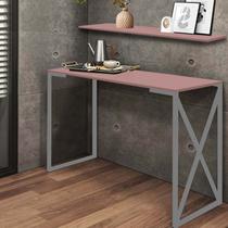 Kit Mesa de Estudos com Prateleira Bex Office Industrial Ferro Prata MDF Rosa - Ahz Móveis