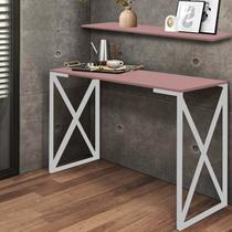 Kit Mesa de Estudos com Prateleira Zurik Office Industrial Ferro Branco MDF Rosa - Ahazzo Móveis