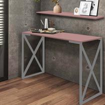 Kit Mesa de Estudos com Prateleira Zurik Office Industrial Ferro Cinza MDF Rosa - Ahazzo Móveis