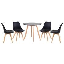 KIT - Mesa de jantar redonda 90 cm preto + 4 cadeiras estofadas Leda preto