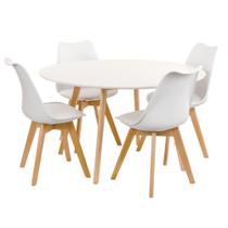 KIT - Mesa de jantar redonda branco 120 cm + 4 cadeiras estofadas Leda