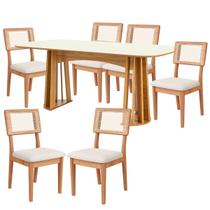 Kit Mesa de Jantar Retangular Base Ripado Freijó com 6 Cadeiras Estofada Césare Encosto Tela Kit Mesa de Jantar Retangular Base Ripado Freijó com 6 Cadeiras Estofada Césare Encosto Tela