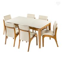 Kit Mesa de Jantar Retangular com 6 Cadeiras Madeira Imbuia Linho Bege