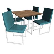Kit Mesa de Jantar Thales com 4 Cadeiras Sttan Ferro Branco Tampo Castanho Suede Azul Turquesa - Ahz Móveis