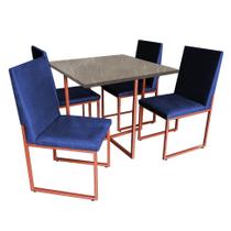 Kit Mesa de Jantar Thales com 4 Cadeiras Sttan Ferro Bronze Tampo Marmorizado Cinza Sintético Azul Marinho - Ahz Móveis