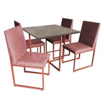 Kit Mesa de Jantar Thales com 4 Cadeiras Sttan Ferro Bronze Tampo Marmorizado Cinza Suede Rose Gold - Ahz Móveis