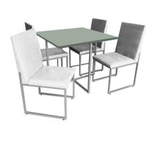 Kit Mesa de Jantar Thales com 4 Cadeiras Sttan Ferro Cinza Tampo Verde Oliva Suede Branco - Ahazzo Móveis