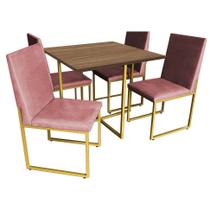 Kit Mesa de Jantar Thales com 4 Cadeiras Sttan Ferro Dourado Tampo Caramelo Suede Rose Gold - Ahz Móveis